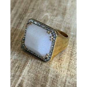 Gold Tone Square White Stone Ring Rhinestone‎ Halo Statement Size 8